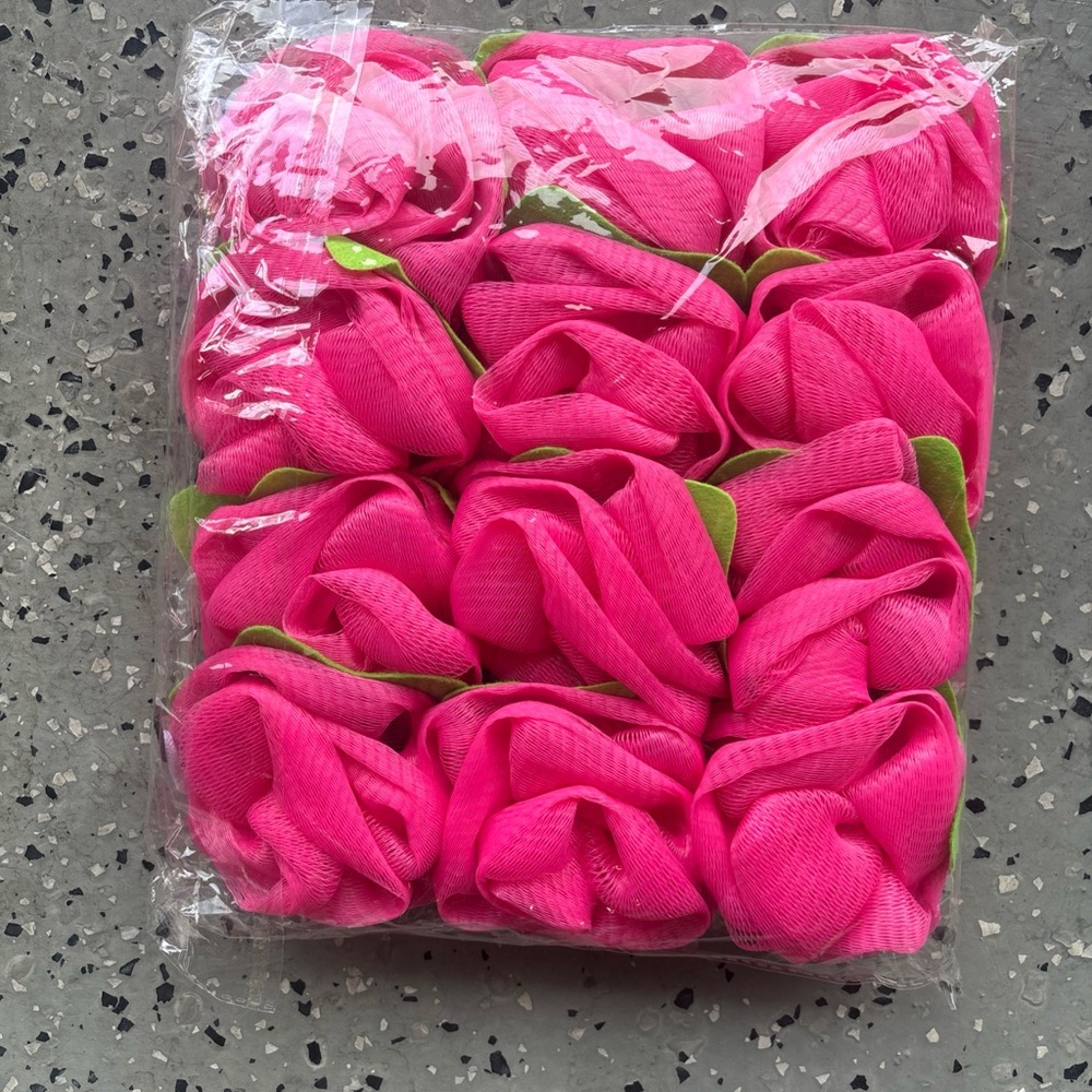 New Bright Pink Fabric Rose loofahs. They sell for $4 each, selling 12 for $14.